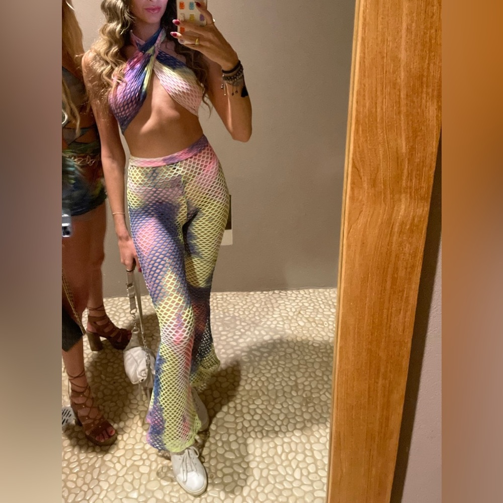 Custom made one of a kind netted flare pants multi color matching set size small
